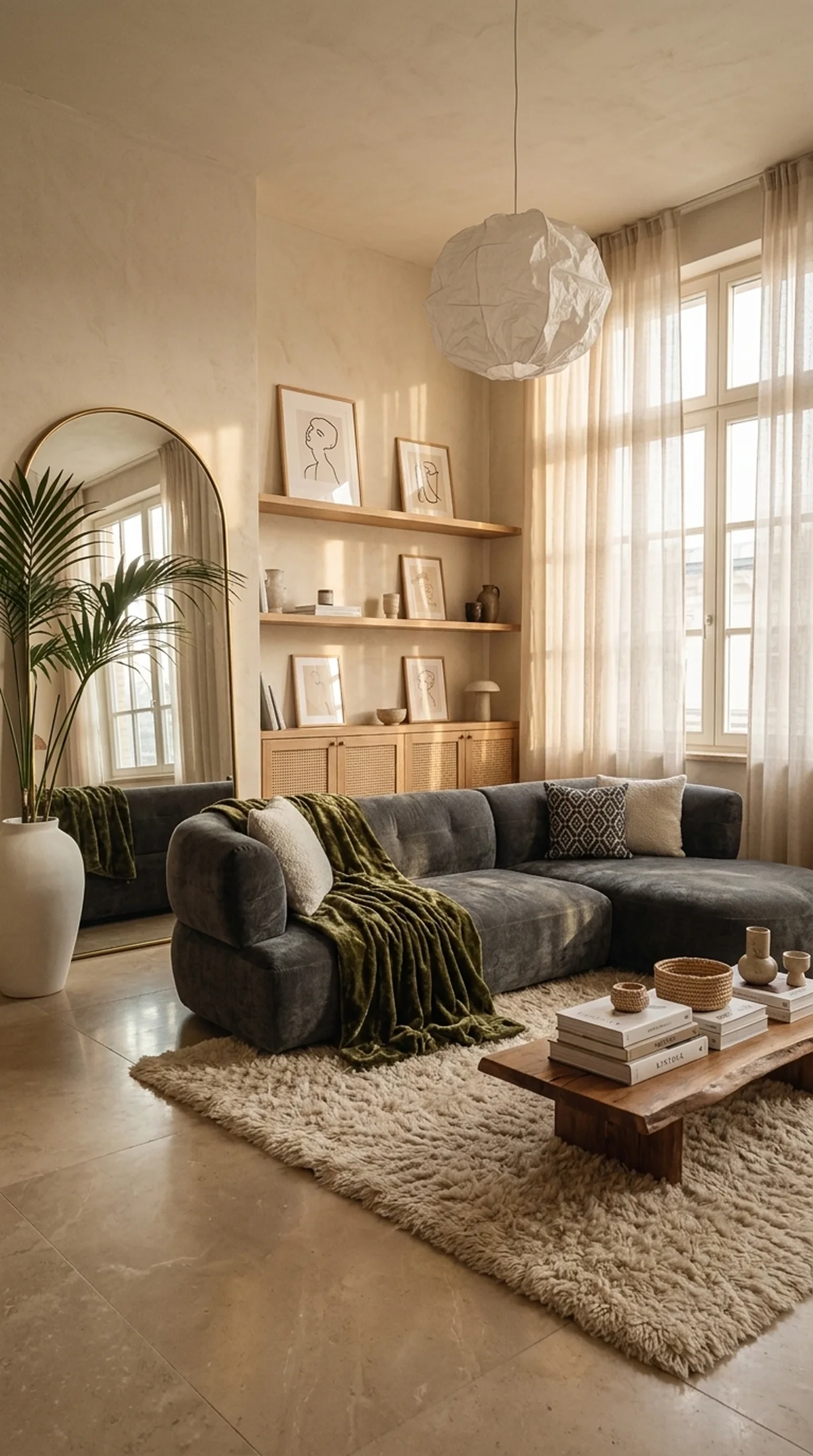 Интерьер джапанди, в центре стильный угловой диван темно-серого цвета