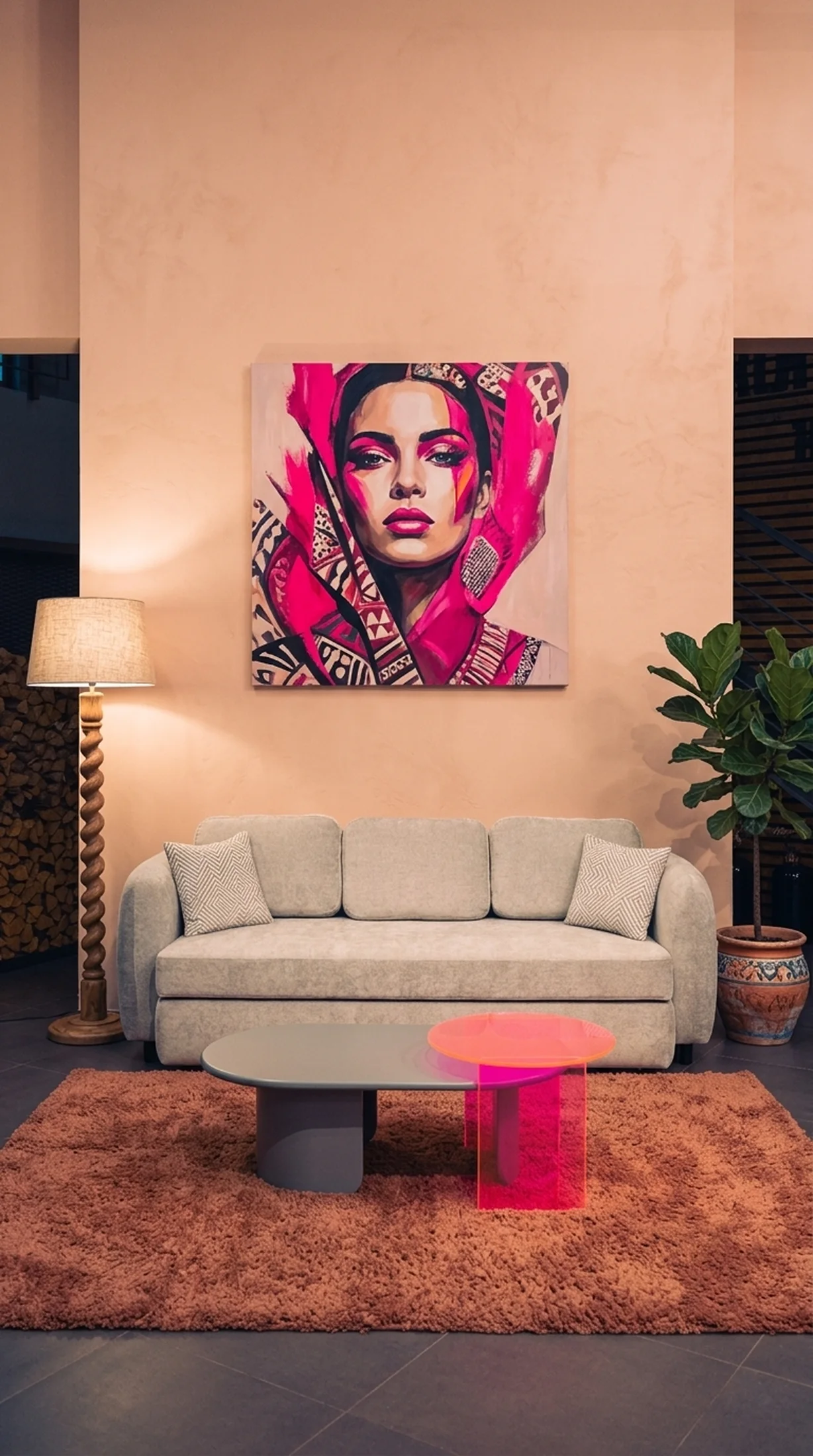Серый диван в холле в марокканском стиле с неоново-розовым декором