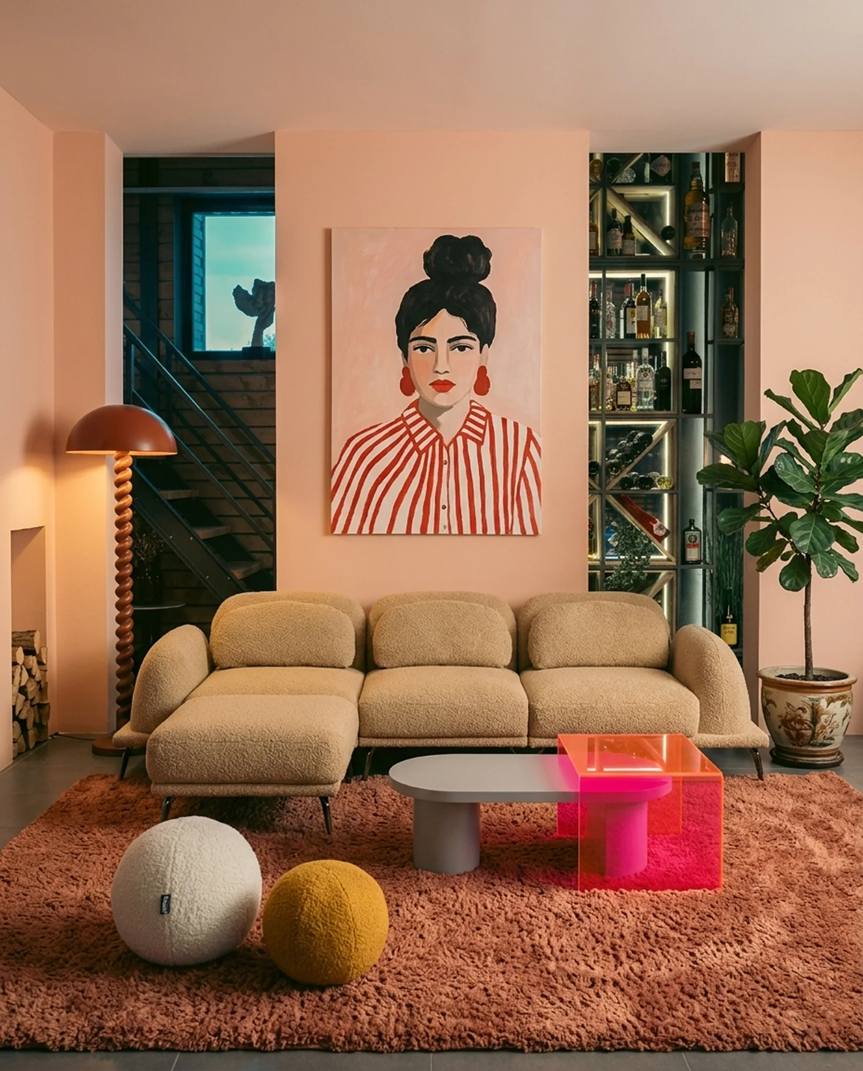 Бежевый угловой диван в лаундж зоне с акцентным неоновым столиком