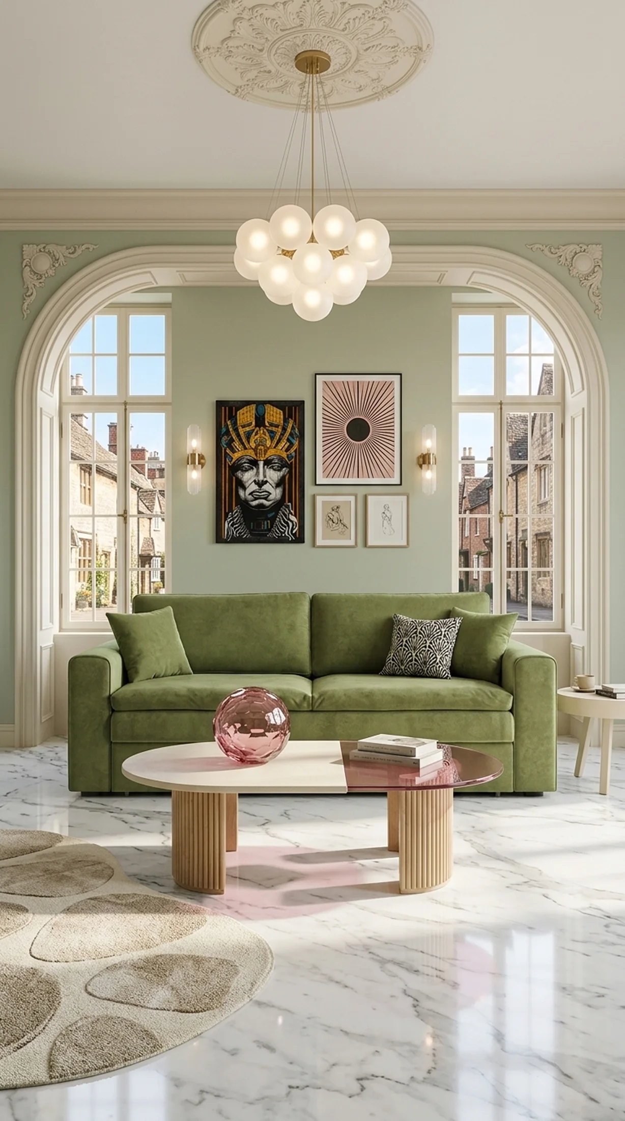 Оливковый диван Чикаго в просторной студии с нежно-розовым декором