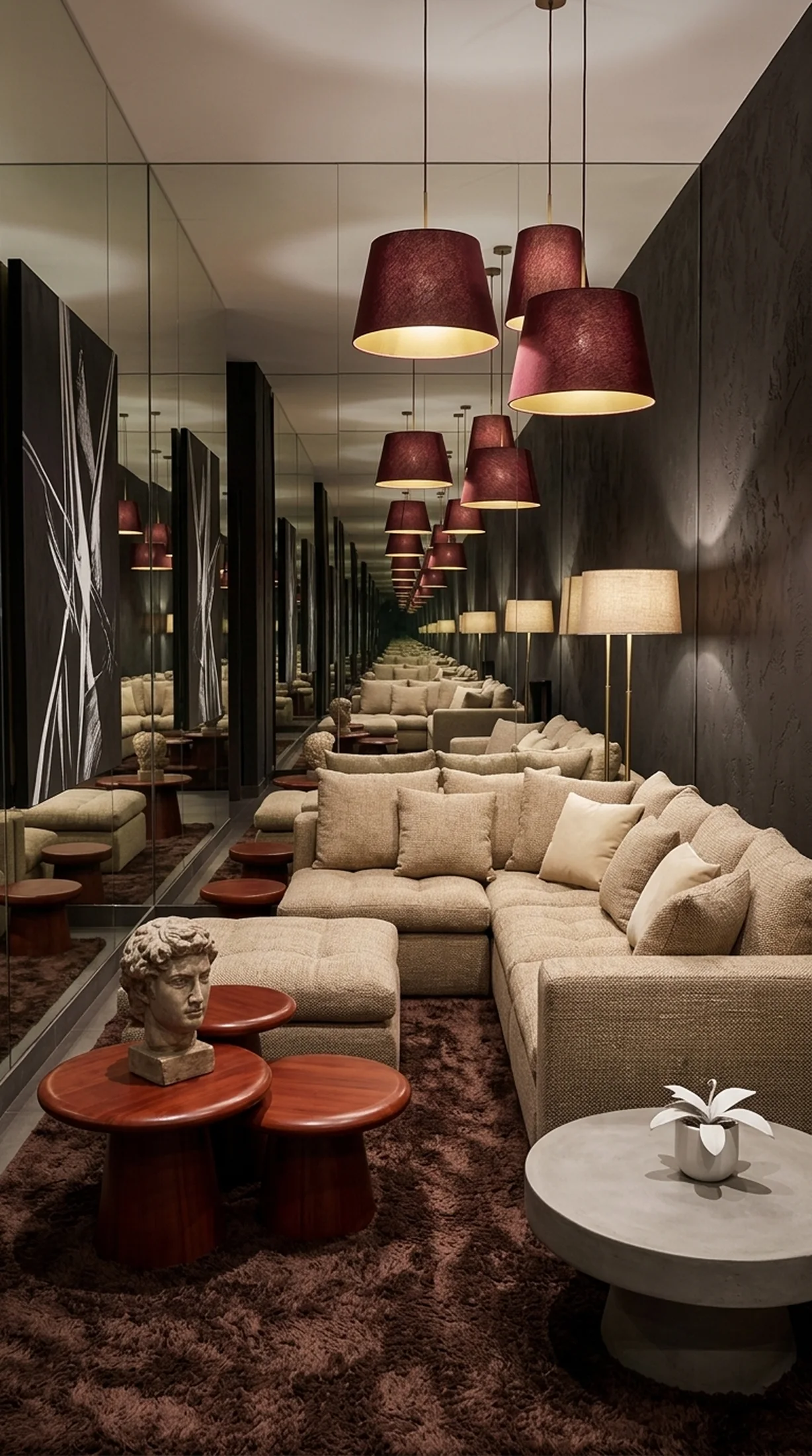 Бежевый диван с пуфиком в современной, темной лаундж-зоне с зеркалами