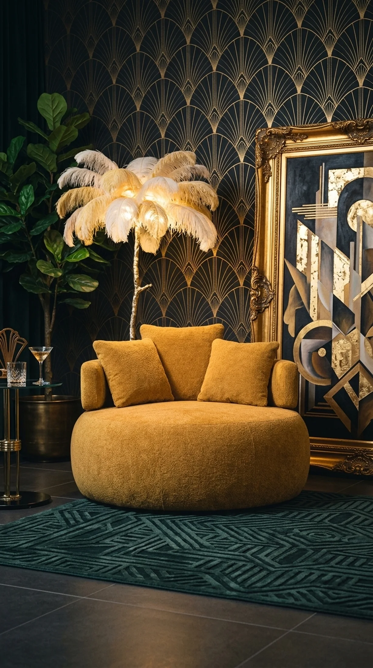 Желтое объемное кресло в фотозоне в стиле ар-деко с золотым декором