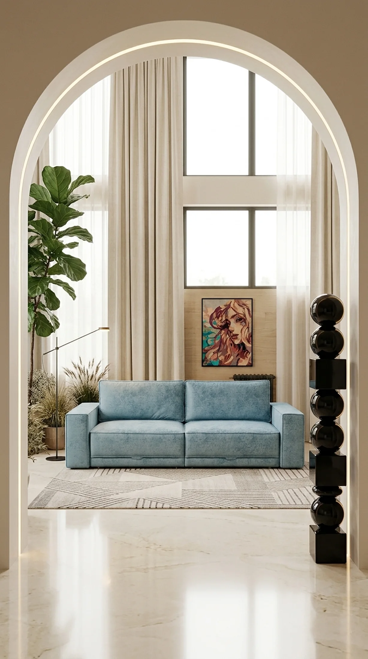 Голубой прямой диван в просторной светлой комнате с высокими окнами