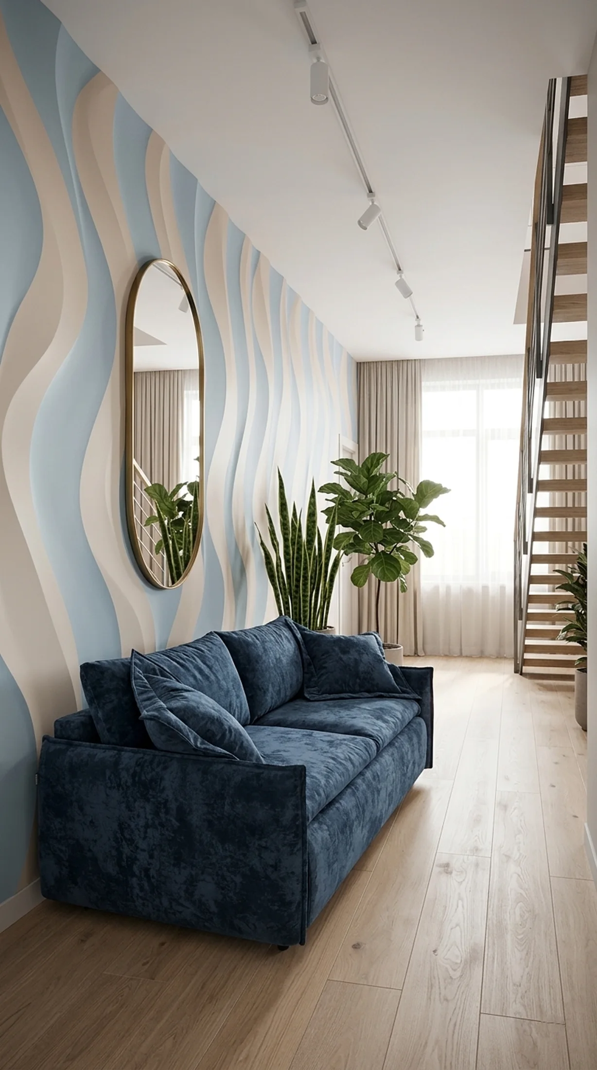 Синий прямой диван в прихожей зоне голубого оттенка