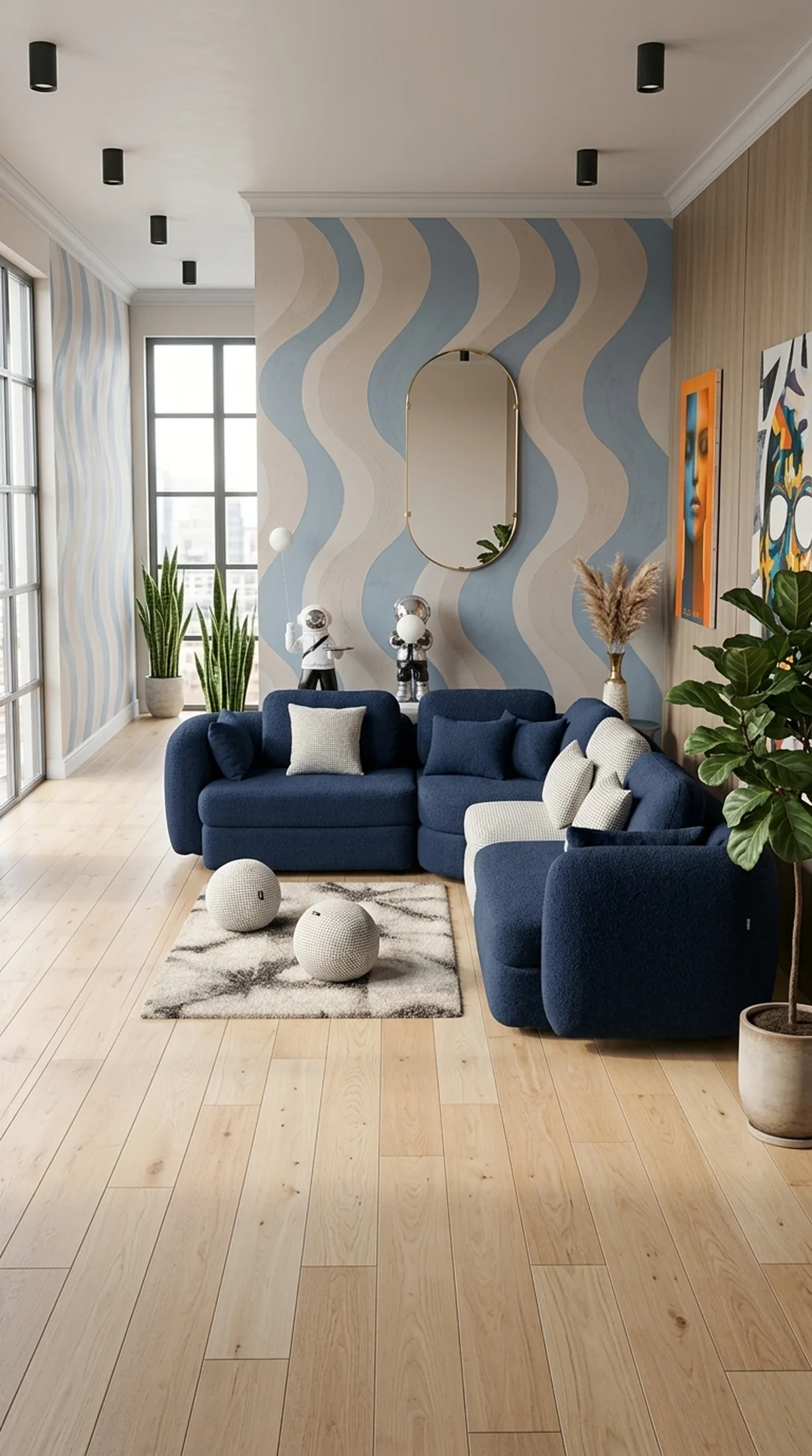 Синий угловой диван с белой секцией в просторной светлой гостиной